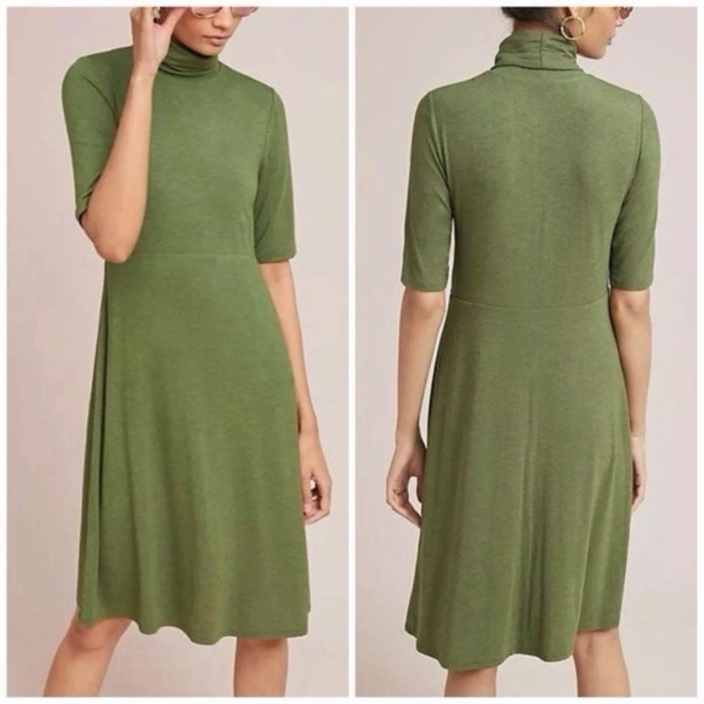 Anthropologie ett:twa Turtleneck Dress L Olive Green Fit Flare Midi Minimalist
